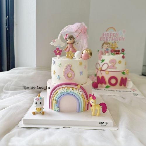 Bánh 2 tầng 18-14 bé gái cầu vồng, Bánh Sinh Nhật 2 tầng, Bánh Sinh Nhật bé gái, Bánh Sinh Nhật màu hồng, Bánh Sinh Nhật cầu vồng - Bánh Sinh Nhật Long Biên