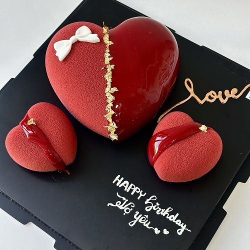 Set bánh entremet tim tráng gương và phủ nhung to và 2 tim bé - Entremet tráng gương