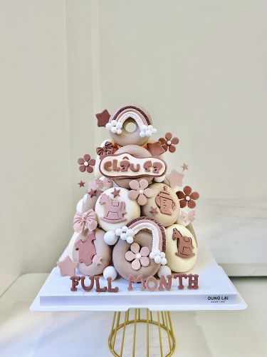 Tháp donut tone nâu be bé gái đầy tháng 18b - Bé gái